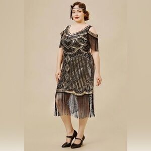 Glamorous Black and Gold Beaded Midi Dress